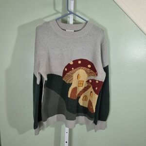 Earthbound Trading Co Mushroom House Intarsia Knit Sweater Women's Size L Gray